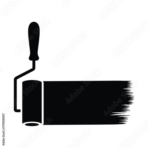 Black paint roller with a stroke of black paint on white background