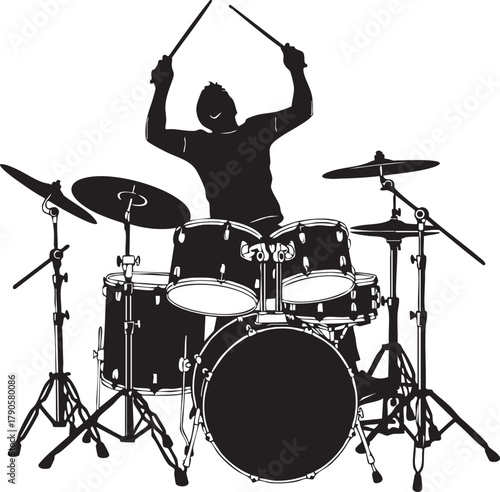 Silhouette Drummer Performing Energetically on a Drum Set Capturing Rhythmic Movement and Musical Passion with Drumsticks in Mid-Air