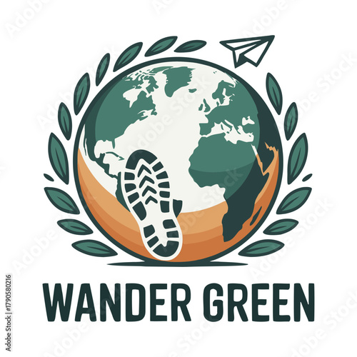 Globe with footprint and paper plane Wander Green text and laurel wreath travel explore