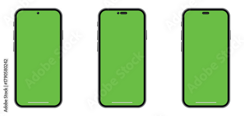 Modern Realistic Smartphone Mockup with Green Screen for Mobile App UI Design, Web Interface Presentation, and Digital Product Display Vector Illustration