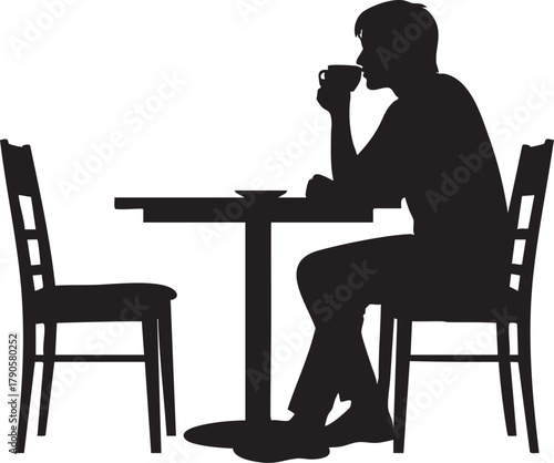 Silhouette of Contemplative Man Drinking Coffee at Table with Empty Chair A Study in Solitude and Simple Pleasures