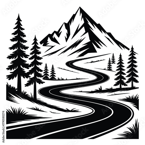Winding mountain road through pine trees and snowy peaks