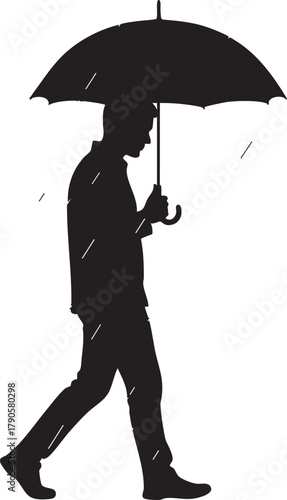 Silhouette of a person walking purposefully in the rain, holding an open umbrella for protection from the downpour. This striking graphic illustration captures a moment of resilience and urban solitud