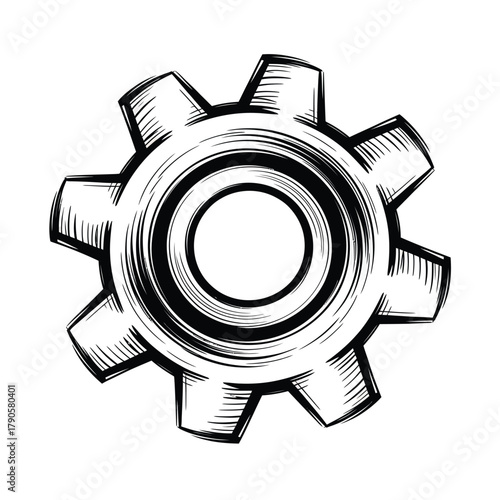 Hand drawn sketch of a single gear with textured lines