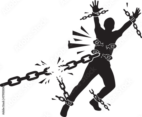 Powerful concept illustrating liberation and personal freedom, depicting an individual breaking strong chains, symbolizing overcoming challenges, achieving emancipation, and celebrating triumph over a