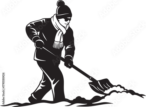 Black and white illustration of a person dressed in winter clothing, wearing a beanie, scarf, gloves, and sunglasses, diligently shoveling snow with a shovel in a frosty outdoor environment, symbolizi