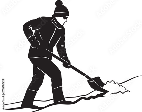 A dedicated individual diligently works to clear a snowy path, embodying the spirit of winter maintenance and outdoor labor in cold weather conditions. This essential task ensures accessibility and sa