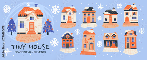 Fairy tale winter village with tiny house and home in snow for Christmas color.