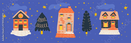 Old street with cute tiny homes and doodle trees under night stars.