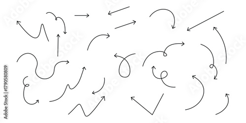 Set of hand drawn vector arrows doodle on white background. Doddle arrow set. Stock vector