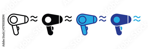 Hair dryer icons set: outline, filled, flat, and glyph styles showing hot air flow isolated on white background