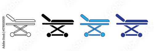 Medical stretcher and gurney icon set, four variations in outline and solid, black and blue isolated on white background
