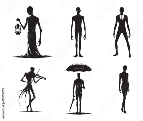 Dark Shadow Silhouette Characters. Creepy Horror Figures and Gothic Art Illustration.