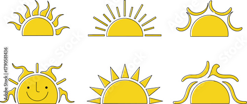 Cute yellow sun icons set with different shapes and smiling face, minimalist cartoon sunrise vector design for summer decoration