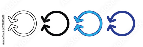 Refresh reload repeat synchronize circular arrow icon set in various outline and solid blue styles isolated on white background