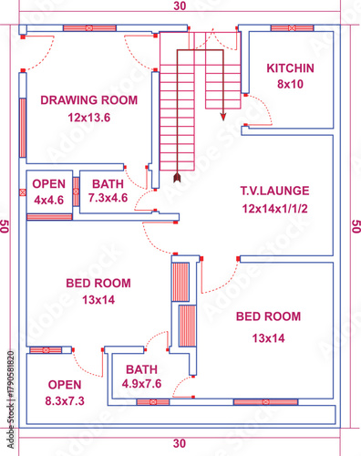 Architectural vector blueprint showing 30x
50 ft home layout with two 13x14 bedrooms, 8x10 kitchen, 12x13.6 drawing room, and lounge, ideal for construction plans