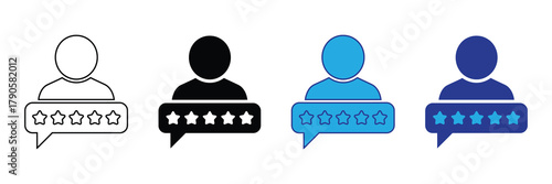 User profile icon with five stars in a speech bubble, symbolizing client feedback and ratings isolated on white background