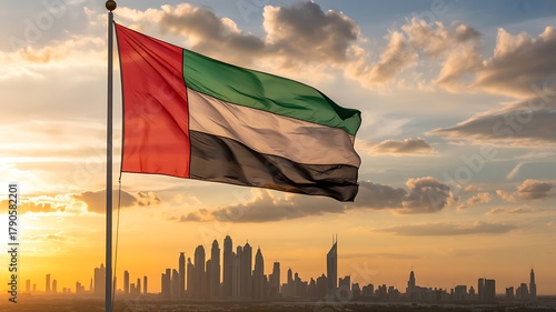 Uae flag proudly flies over dubai city skyline in golden sunset