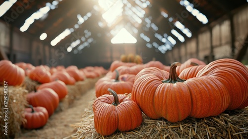Orange Pumpkins Displayed on Hay Bales in a Barn Setting