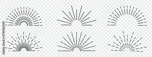 A collection of three minimalist sunburst illustrations in a vintage, bohemian style. Collection of sunburst and sunrise icons in various styles and patterns. Bursting sun rays. Fireworks. Eps 10. 