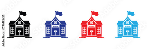School building icons set with flag and 'school' sign in multiple colors, vector art isolated on white background
