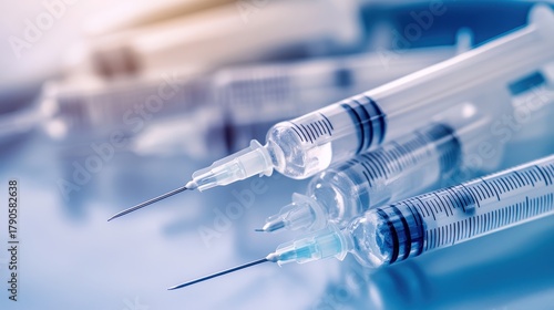 Pile of disposable sterile syringes with capped needles in focus