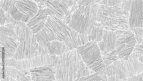 Black and white abstract pattern of irregular geometric shapes filled with parallel lines background
