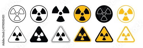 Radiation hazard symbol collection, nuclear danger signs, warning icons, caution graphics isolated on white background