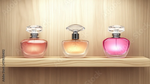 Perfume bottles on a wooden shelf showcasing elegant fragrances