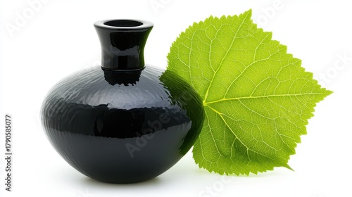 Minimalist Black Perfume Bottle Next To Green Leaf Isolated