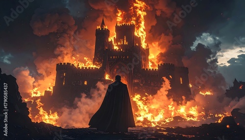 Dark cloaked figure faces a castle ablaze in flames against a stormy, ominous sky in a desolate landscape