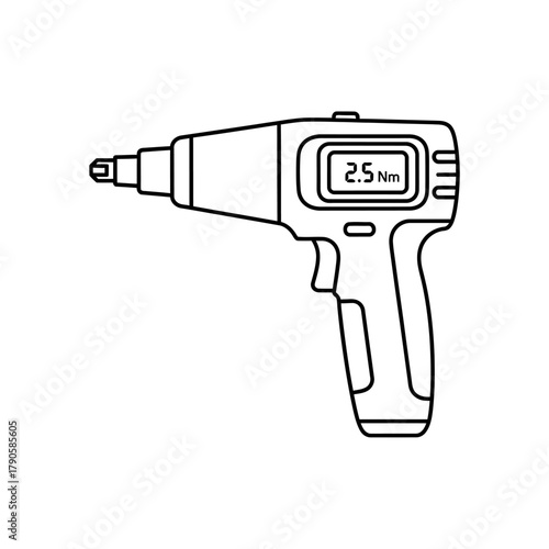 A minimalist line art illustration of a digital electric torque screwdriver with an LCD display.