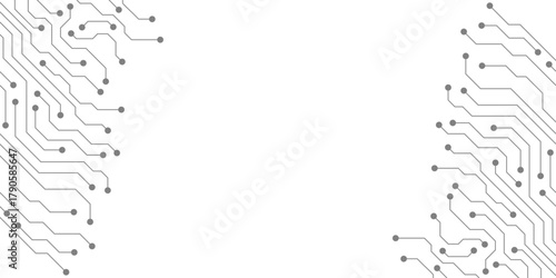 Black circuit board traces and nodes on white background electronic technology