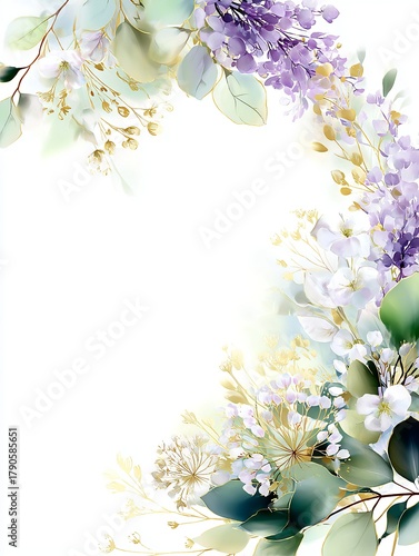 Chic and elegant floral wreath with with pastel purple wisteria flowers with delicate gold borders
