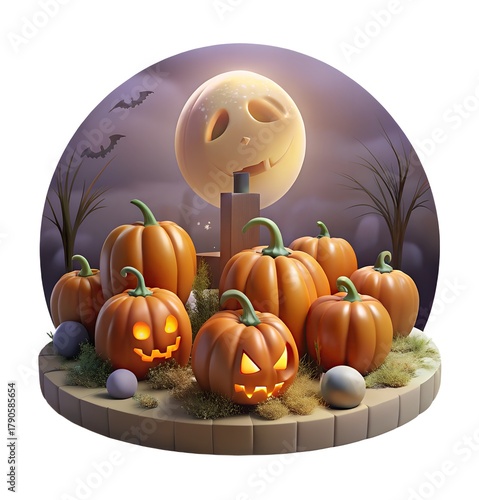 3D illustration of glowing Halloween pumpkins with carved faces, surrounded by grass and a spooky moon in the background, creating a festive and eerie Halloween atmosphere.