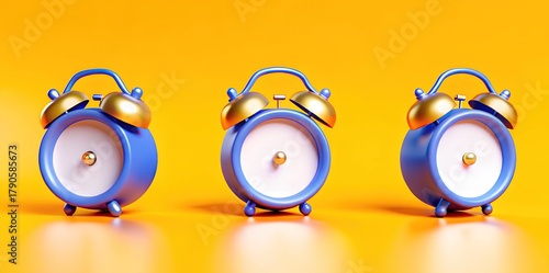 Minimalistic 3D illustration of three blue and gold alarm clocks standing in a row on a vivid orange background, symbolizing time, punctuality, and modern design aesthetics.
