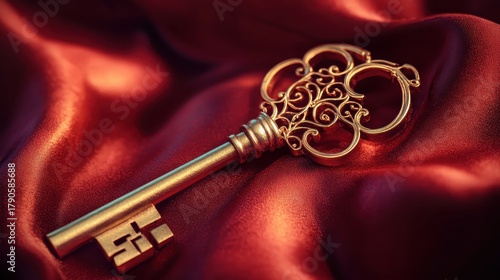 Ornate Gold Key on Red Silk Fabric in Close Up