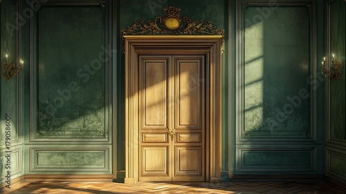 Grand room interior with vintage wooden double door