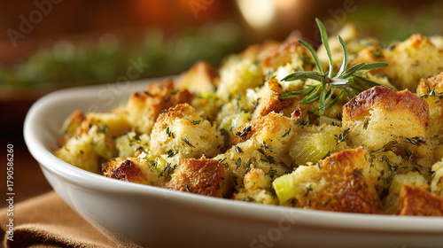 A close-up of freshly prepared stuffing with rosemary on a white bowl. This dish makes any dining experience more delightful. It is savory!