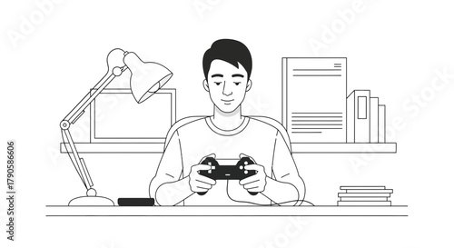 Illustration of a focused young man enjoying a video game session at his desk