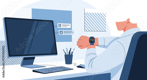 Illustration of a man checking time on smartwatch while working at his computer desk