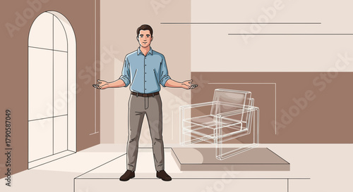 Illustration of a man presenting an architectural design project in a modern space