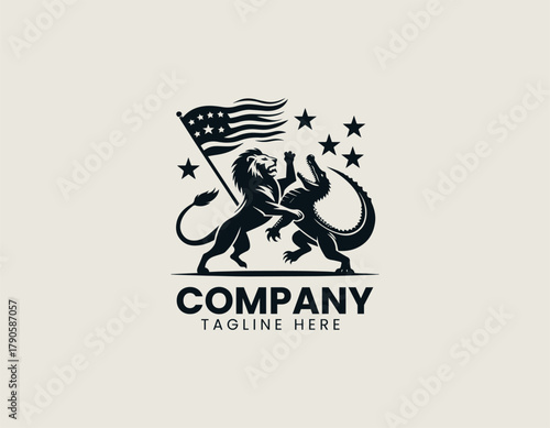 Lion and crocodile fighting with flag and stars black vector logo illustration