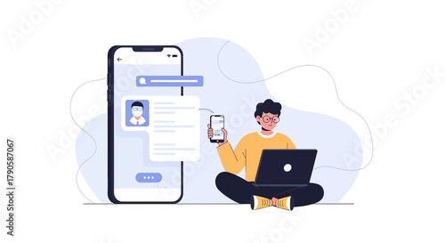 Illustration of a man using a laptop and a smartphone next to a large mobile phone app interface