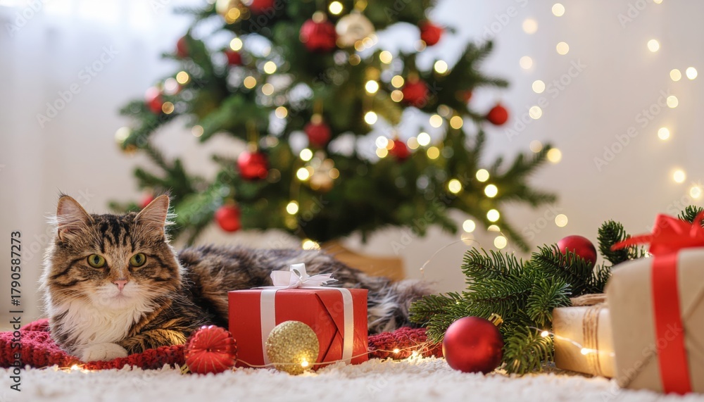 Obraz premium Playful cat relaxing amidst christmas decorations and presents in cozy living room setting celebrating holiday spirit
