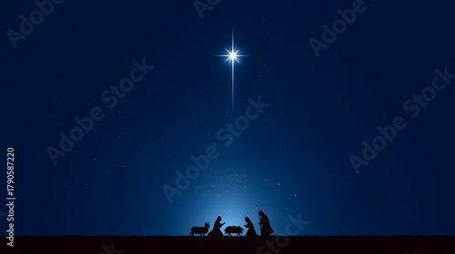 Minimal silhouette nativity with bright star, deep blue gradient sky background