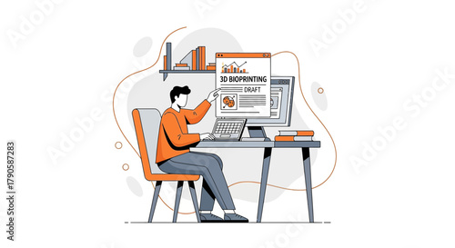 Illustration of a man working on 3D Bioprinting project in a modern home office environment