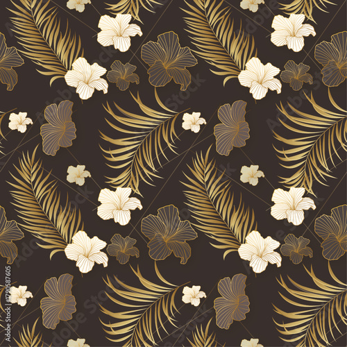 Golden palm leaves and hibiscus harmony seamless pattern illustration