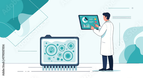 Illustration of a scientist analyzing cell data on a tablet in a lab environment showcasing
