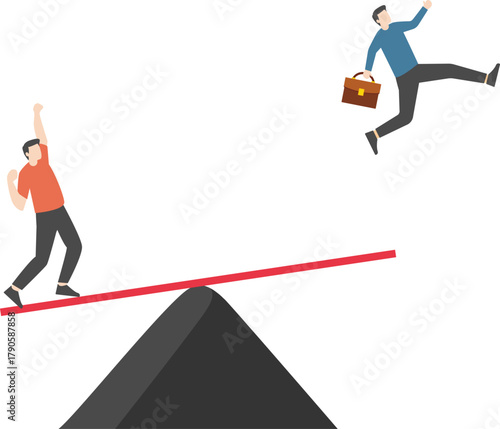 Support, business consultant. Two businessmen playing a seesaw

